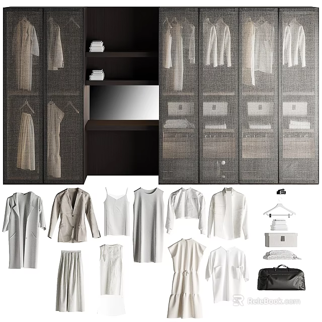 Modern Wardrobe Interior With Mesh Doors Mirror Shelves And Hanging Clothes Storage 3d model 