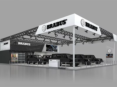 BRABUS Exhibition Booth Featuring White Canopy And Multiple Black Cars On 3d model