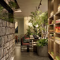 Modern Restaurant Interior With Natural Plants Stone Wall And Wooden Shelves