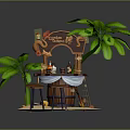 Tropical Island Bar Counter with Wooden Barrel Design Wine Bottles Glasses Palm Leaves and Stools