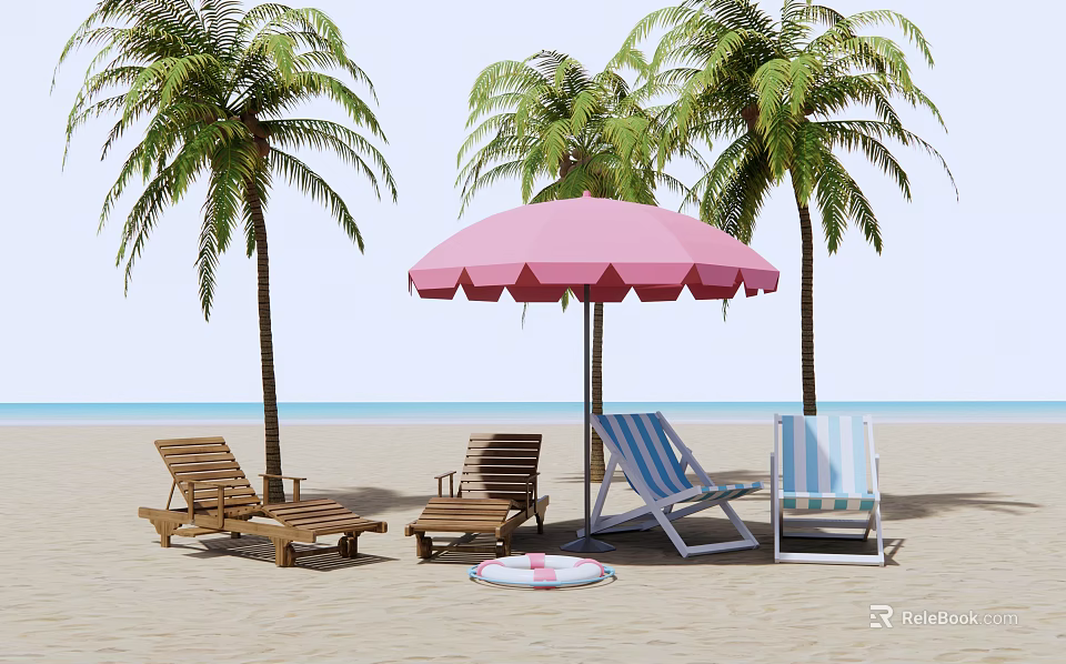 Comfortable Lounge Chairs On Beach With Palm Trees Pink Umbrella And Pool Float 3d model 