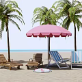 Comfortable Lounge Chairs On Beach With Palm Trees Pink Umbrella And Pool Float