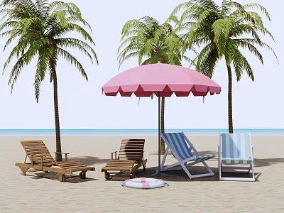 Comfortable Lounge Chairs On Beach With Palm Trees Pink Umbrella And Pool Float 3d model