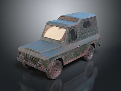 Vintage Off Road Car With Rusty Green Body Blue Roof Dark Windows And Worn Tires 3d model