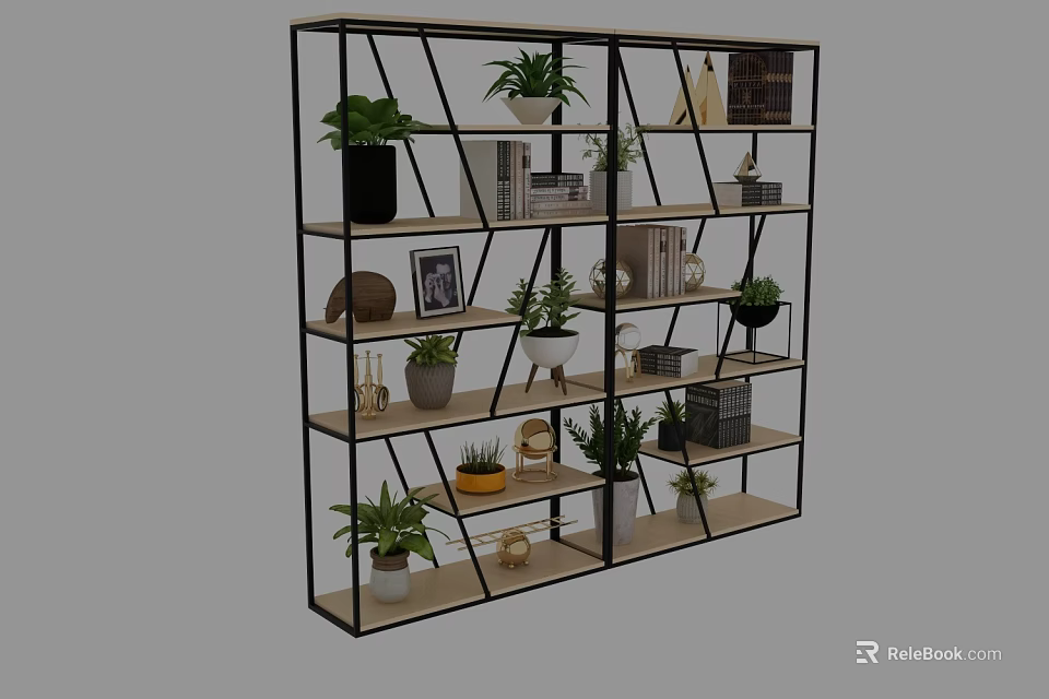 Modern Black Metal Frame Shelf Unit With Potted Plants Books And Decorative Items 3d model 