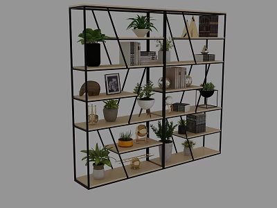 Modern Black Metal Frame Shelf Unit With Potted Plants Books And Decorative Items 3d model