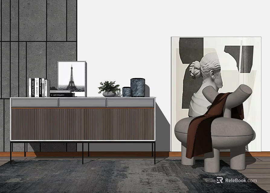 Single Sofa In Modern Interior With Gray Cabinet Artwork Plant And Books 3d model