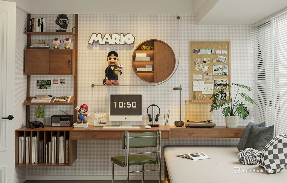 Cozy Study Room with Mario Decor Circular Shelf Bookshelves Computer Desk Lamp and Potted Plant 3d model 