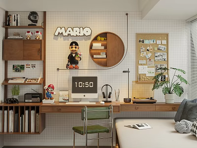 Cozy Study Room with Mario Decor Circular Shelf Bookshelves Computer Desk Lamp and Potted Plant 3d model