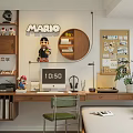 Cozy Study Room with Mario Decor Circular Shelf Bookshelves Computer Desk Lamp and Potted Plant