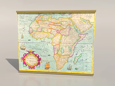 African Map Wall Art with Gold Frame Colorful Design and Ship Illustrations 3d model