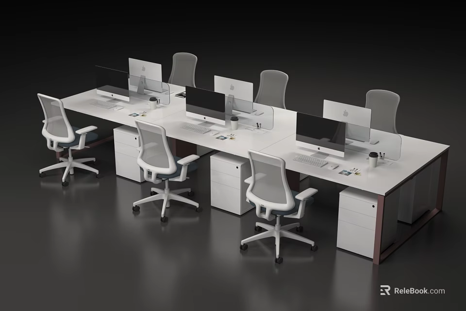 Modern Office Desk Setup With Multiple Workstations Ergonomic Chairs And Computer Monitors 3d model 