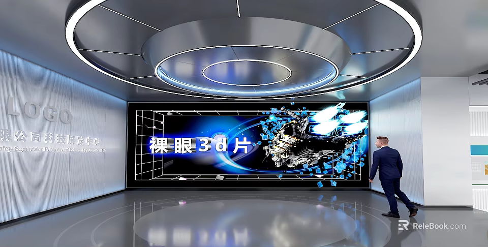 Naked Eye 3D Content Display On Large Screen In Modern Hall With Businessman 3d model 