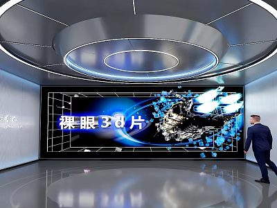 Naked Eye 3D Content Display On Large Screen In Modern Hall With Businessman 3d model
