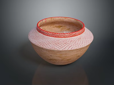 Household Clay Pot With Red Decorative Rim And Striped Pattern Design 3d model