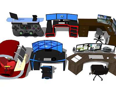 Versatile Functional Desks with Multiple Monitors Gaming Accessories Drawers and Ergonomic Chairs 3d model