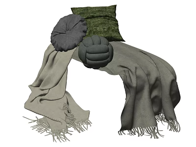 Soft Green and Gray Decorative Pillows with Cozy Knitted Blankets and Tassel Details 3d model