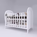 White Baby Crib With Curved Headboard And Decorative Fabric Strips On Mattress