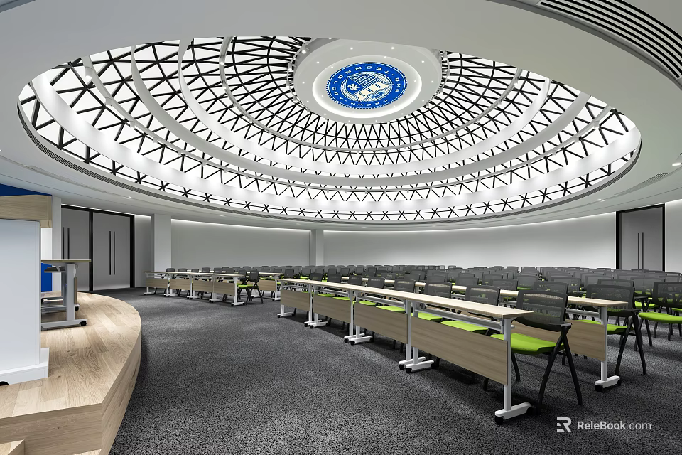 Modern Conference Room Interior With Circular Dome Ceiling Blue Emblem And Neatly Arranged Tables Chairs 3d model 