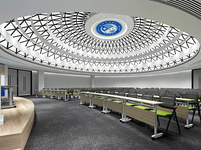 Modern Conference Room Interior With Circular Dome Ceiling Blue Emblem And Neatly Arranged Tables Chairs 3d model