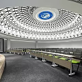 Modern Conference Room Interior With Circular Dome Ceiling Blue Emblem And Neatly Arranged Tables Chairs