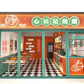 Vibrant Restaurant Interior With Colorful Ceiling Orange Counter Green Walls And Wooden Tables
