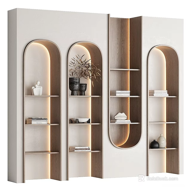 Modern Arched Display Cabinet With Built in Lighting And Decorative Items Books And Sculptures On Shelves 3d model 