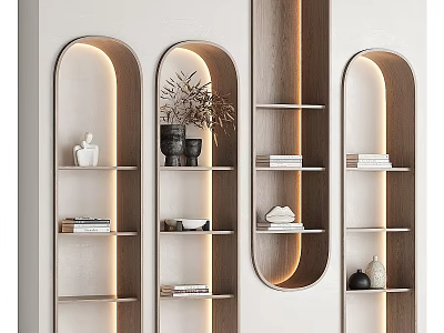 Modern Arched Display Cabinet With Built in Lighting And Decorative Items Books And Sculptures On Shelves 3d model