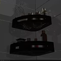 Black Bathroom Corner Shelf With Hollow Out Design And White Loofah