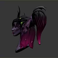 3D Elf Game Movie Character With Horned Headdress Gray Purple Pink Hair Green Glowing Eyes