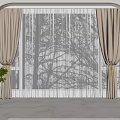 Beige Thick Curtains With Sheer Layer And Golden Tiebacks For Arched Window Wooden Floor