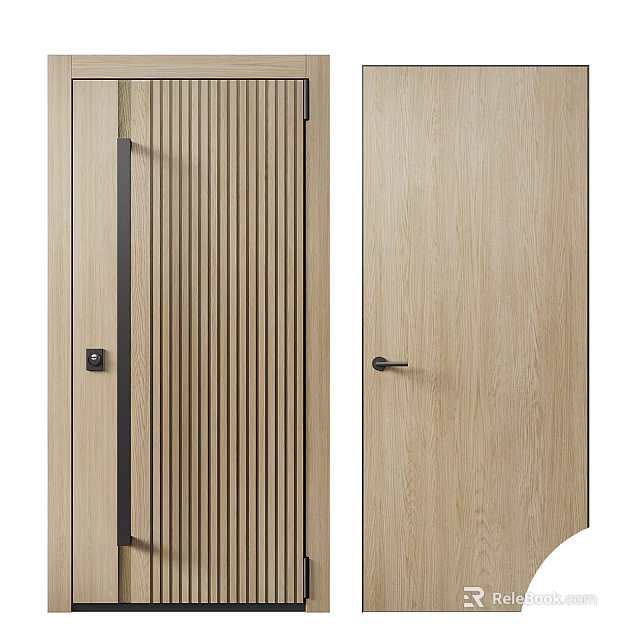 Modern Interior Doors Featuring Vertical Slats Light Wood Grain And Sleek Black Handles 3d model 