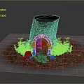 Tree Stump Building with Carved Door Stone Path Moss and Gold Coins