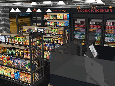 Supermarket Department Store With Shelves Full Of Snacks Beverages And Frozen Goods At Checkout 3d model