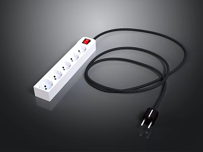 White Computer Power Strip with Multiple Outlets Red Switch and Black Cord 3d model