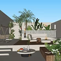 Modern Courtyard Garden With Outdoor Seating Green Plants Hanging Chair And Stone Steps