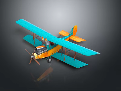 Detailed Blue and Orange Biplane Model on Dark Background with Reflection 3d model