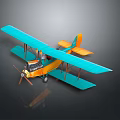 Detailed Blue and Orange Biplane Model on Dark Background with Reflection