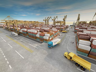Busy Container Port Terminal With Stacked Cargo Containers Cranes And Trucks 3d model