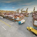 Busy Container Port Terminal With Stacked Cargo Containers Cranes And Trucks