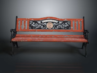 Vintage Red Wooden Bench With Black Metal Frame And Decorative Emblem Panel 3d model