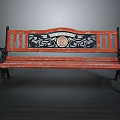 Vintage Red Wooden Bench With Black Metal Frame And Decorative Emblem Panel