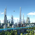 Futuristic City Architecture With Tall Skyscrapers Modern Design Flying Vehicles And Mountain Backdrop