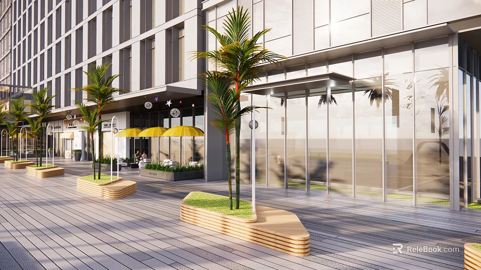 Modern Commercial Building Exterior With Glass Curtain Wall Palm Trees Outdoor Seating And Yellow Umbrellas 3d model 