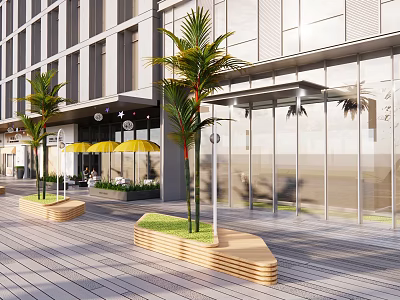 Modern Commercial Building Exterior With Glass Curtain Wall Palm Trees Outdoor Seating And Yellow Umbrellas 3d model