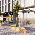 Modern Commercial Building Exterior With Glass Curtain Wall Palm Trees Outdoor Seating And Yellow Umbrellas