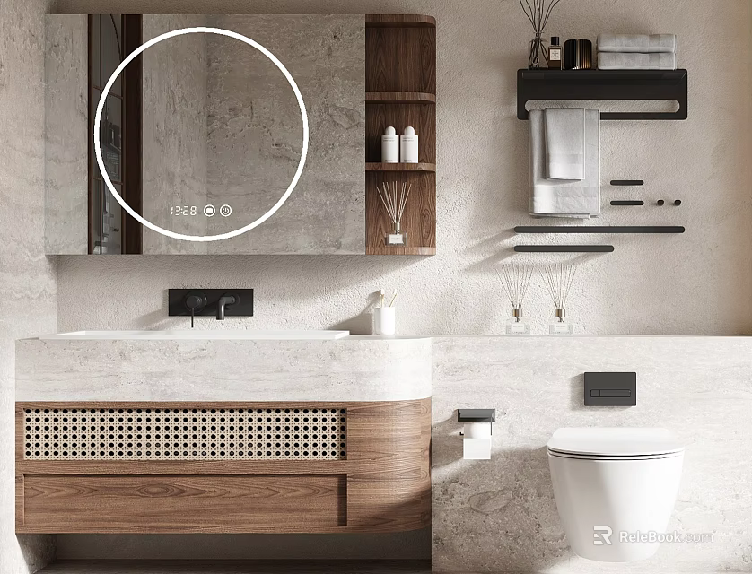 Modern Bathroom Cabinet Frame With Round Mirror Sink Wooden Design And Towel Rack 3d model 