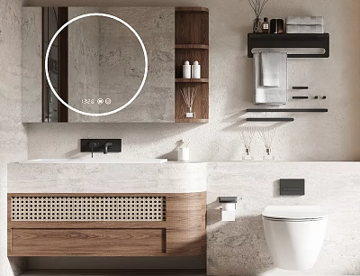 Modern Bathroom Cabinet Frame With Round Mirror Sink Wooden Design And Towel Rack 3d model