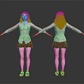 Two female characters standing back to back with white shirts red plaid skirts arms outstretched