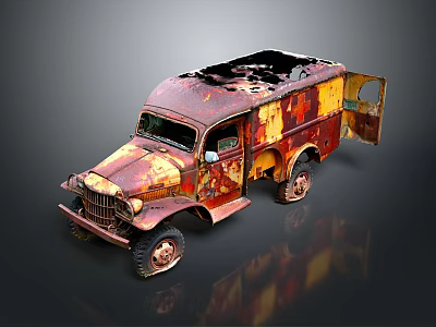 Rusty Old Truck With Red And Yellow Rusty Body Open Doors And Damaged Roof 3d model